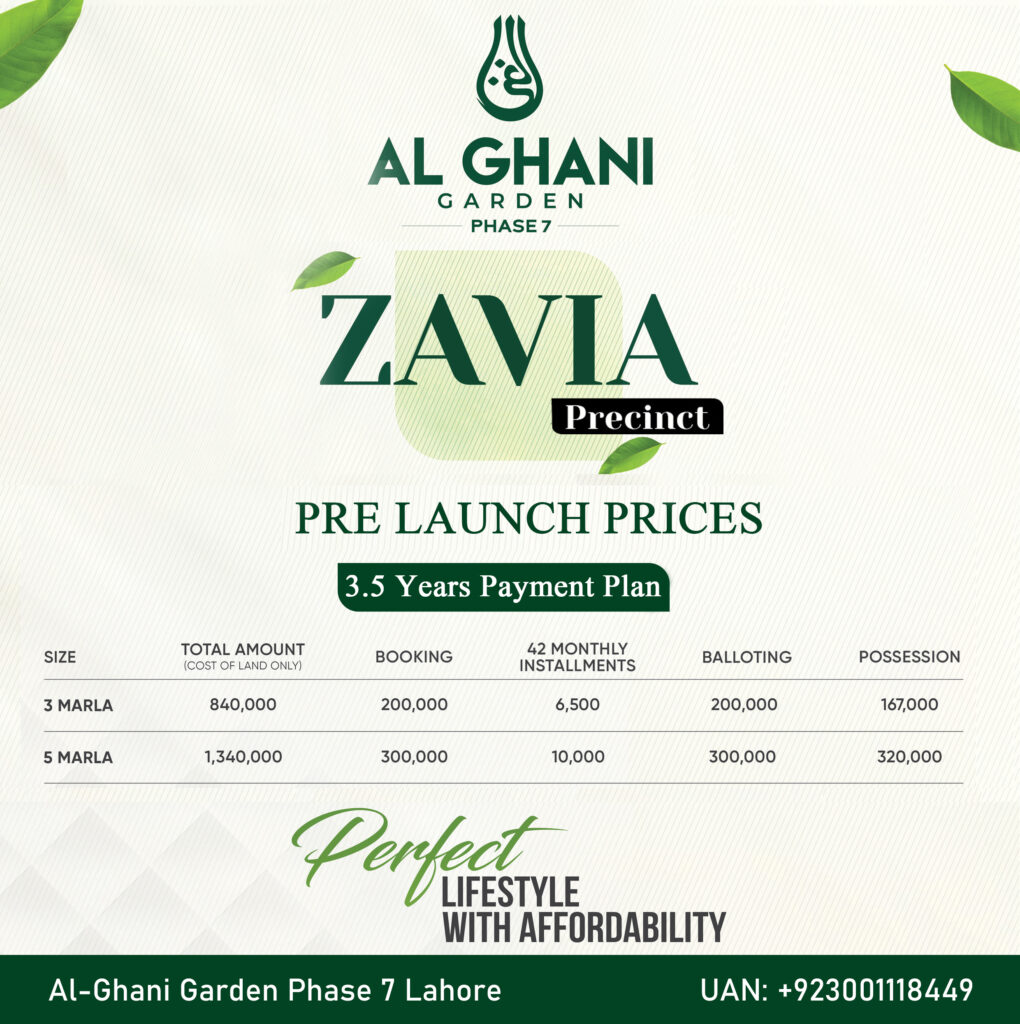 al ghani garden phase 7 zavia block payment plan